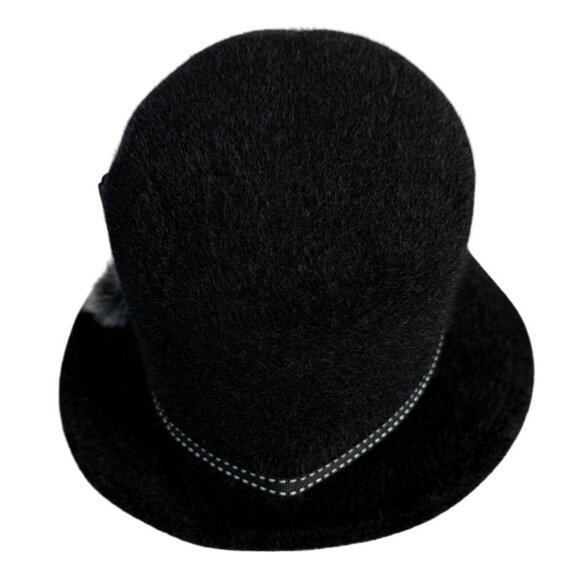 Womens Bowler Black Felt Hat Whitework Embroidery Dome Floral Pom Winter Casual - Picture 4 of 9